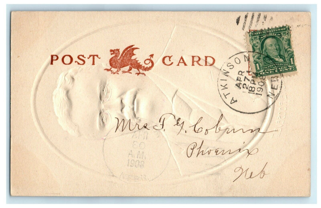 Theodore Roosevelt Airbrushed Embossed 1908 Atkinson Nebraska Antique Postcard