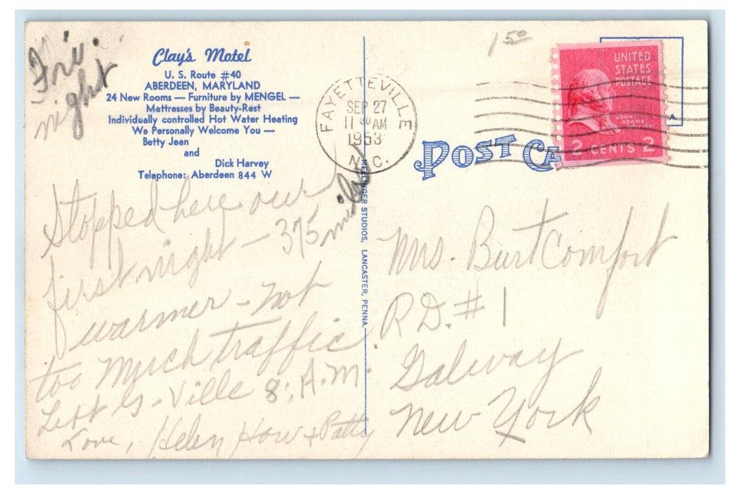 1953 Clay's Motel US Route # 40 Aberdeen Maryland MD Vintage Postcard