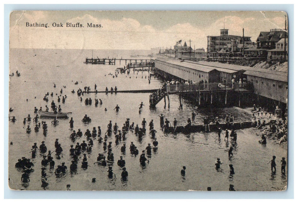 1915 Bathing Scene, Oak Bluffs Massachusetts MA Posted Antique Postcard
