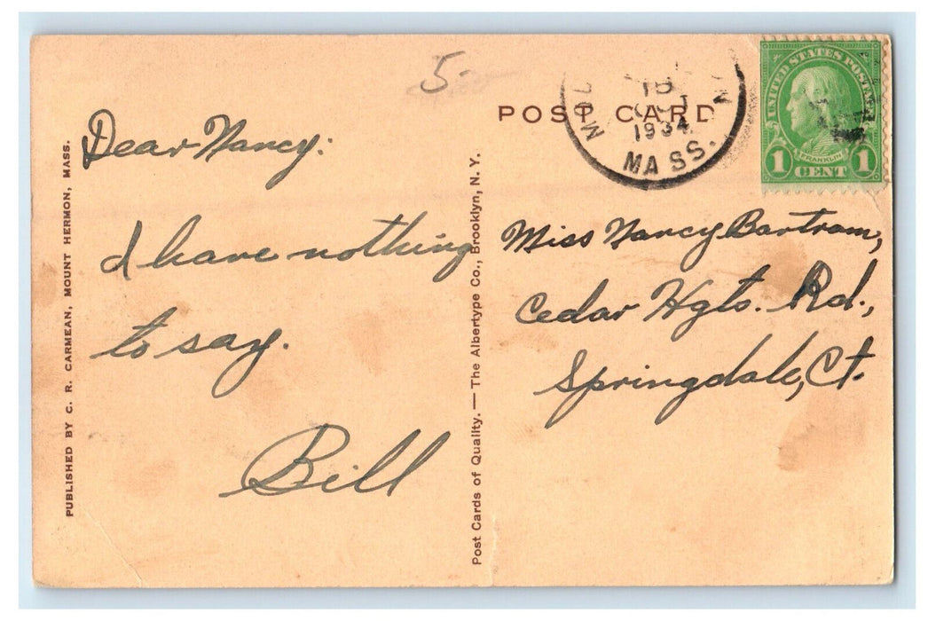 1934 Crossley Hall Mount Hermon School Massachusetts MA Posted Postcard