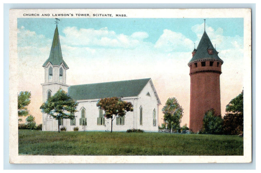 c1930s Church and Lawson's Tower Scituate Massachusetts MA Vintage Postcard