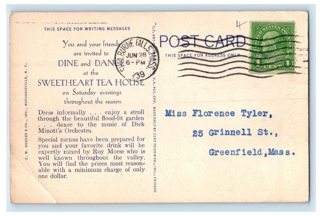1939 Sweetheart Tea House On Mohawk Trail Shellburne Falls MA Postcard