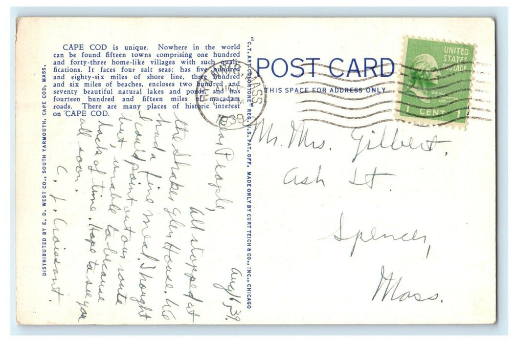 1939 Tourist's Auto Map Of Cape Cod Massachusetts MA Posted Vintage Postcard