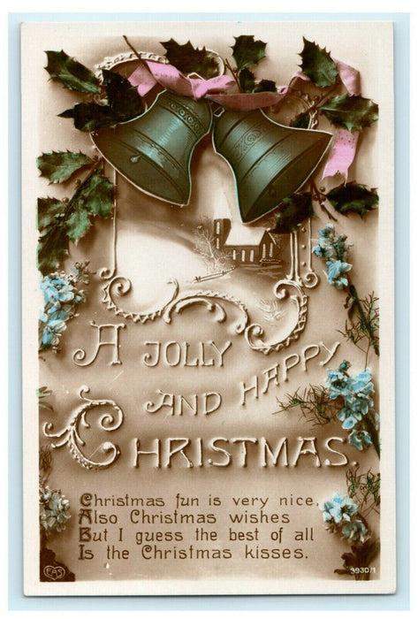 Christmas Bells EAS 1912 Flowers Glossy Home Snow Vintage Antique Postcard
