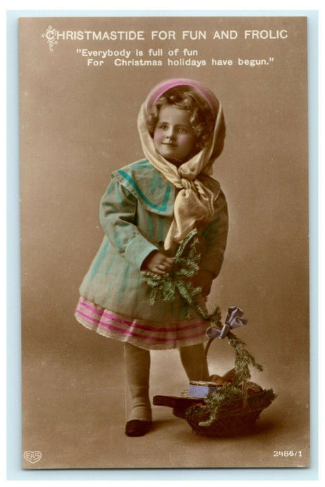 Christmas EAS Beautiful Girl Dress 1912 Basket RPPC Vintage Antique Postcard