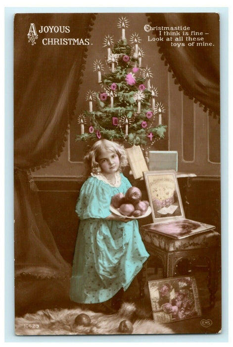 Christmas Girl Tree EAS Hand Painted Glossy RPPC 1915 Antique Postcard