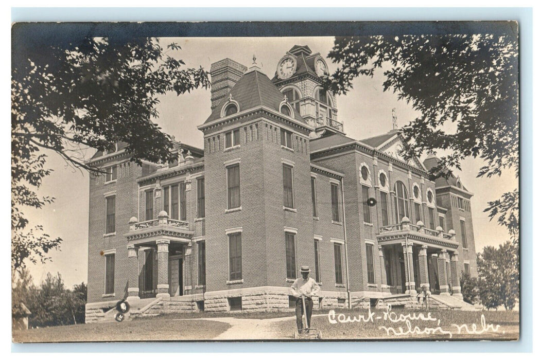 Nelson Nebraska Court House RPPC Photo Antique Lawn Mower Antique Postcard