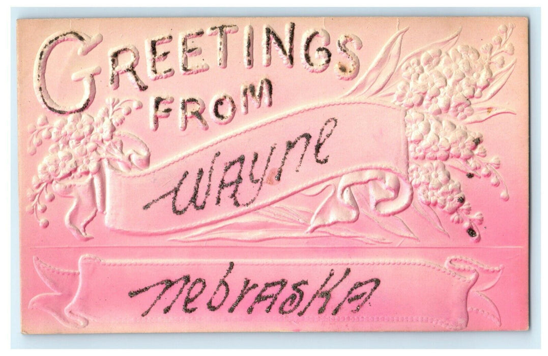 Greetings from Wayne Nebraska Embossed Glitter Airbrushed Antique Postcard