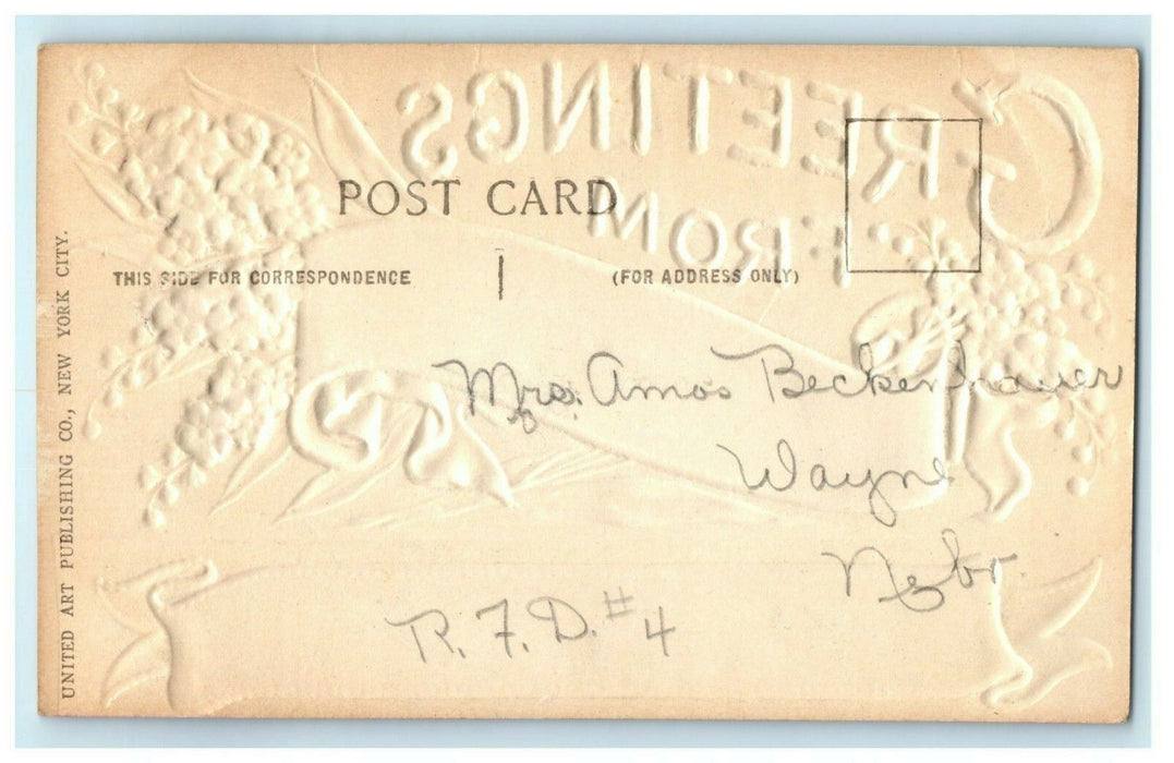 Greetings from Wayne Nebraska Embossed Glitter Airbrushed Antique Postcard