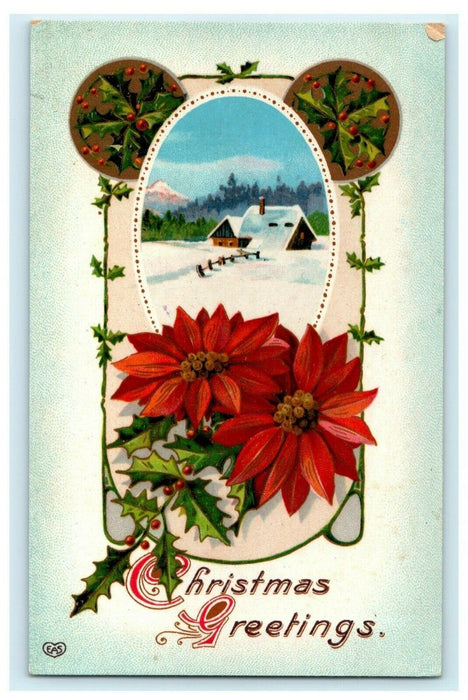 Christmas Greeting EAS 1914 Flowers Glossy Home Snow Vintage Antique Postcard