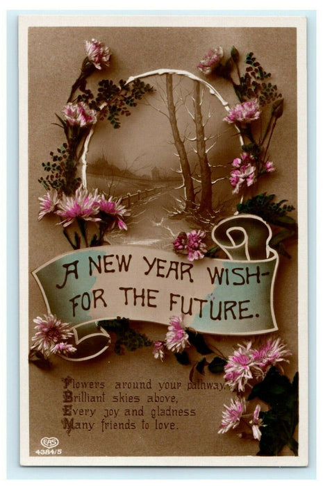 New Year Wish EAS 1913 Flowers Glossy Vintage Antique Postcard