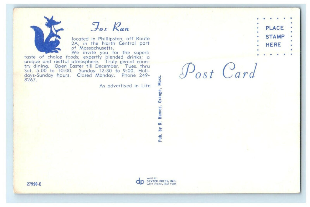 c1950's Fox Run Restaurant Phillipston Massachusetts MA Advertising Postcard