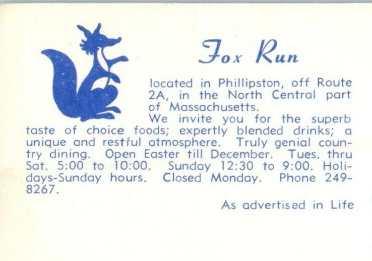 c1950's Fox Run Restaurant Phillipston Massachusetts MA Advertising Postcard