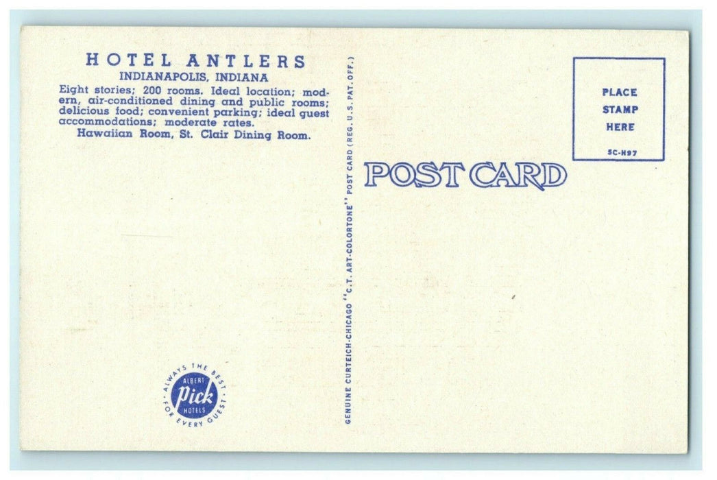 Hotel Antlers Indianapolis Indiana Circa 1940 Vintage Antique Postcard
