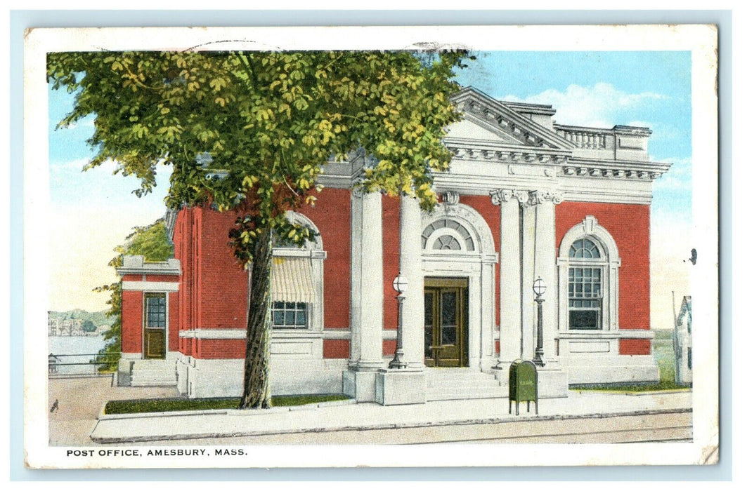 1922 Post Office Building Green Mailbox Amesbury Massachusetts MA Postcard