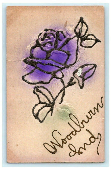 Greetings From Woodburn Indiana Airbrushed Glitter Embossed Antique Postcard