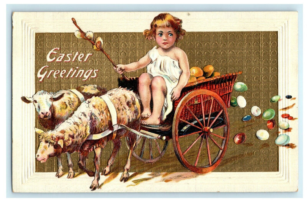 Easter Greetings Little Boy Riding Lambs With Eggs Embossed Antique Postcard