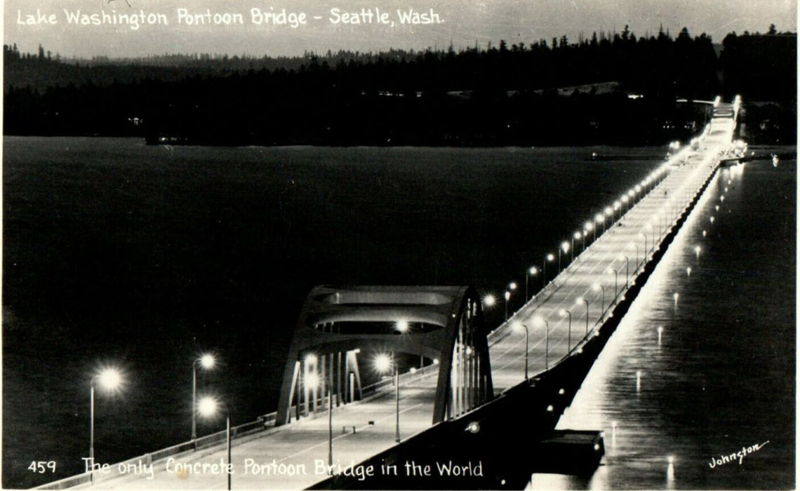 1942 Lake Washington Pontoon Bridge, Seattle Washington WA Vintage RPPC Postcard