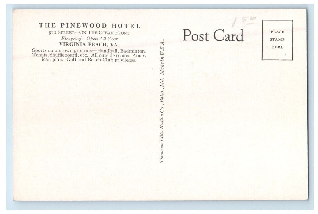 c1950s The Pinewood Hotel, Virginia Beach Virginia VA Vintage Postcard