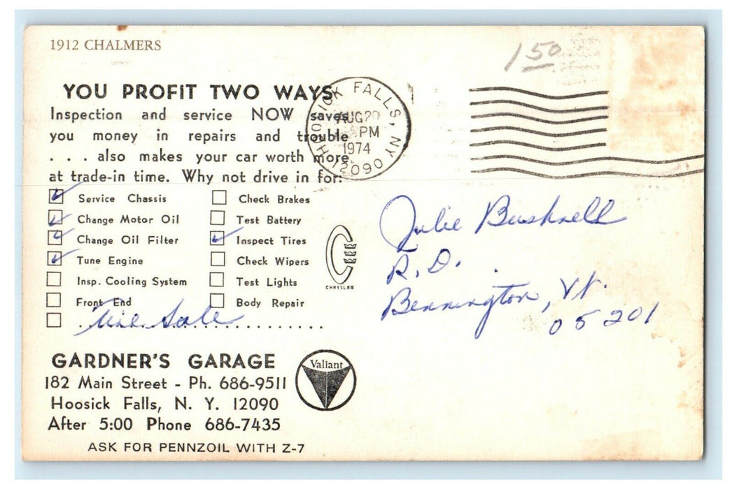 1974 Gardner's Garage Chalmers Hoosick Falls New York NY Advertising Postcard