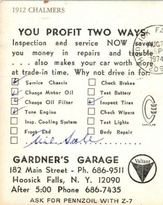 1974 Gardner's Garage Chalmers Hoosick Falls New York NY Advertising Postcard