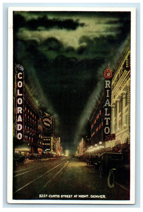 Curtis Street At Night Rialto America Theater Denver Colorado CO Postcard