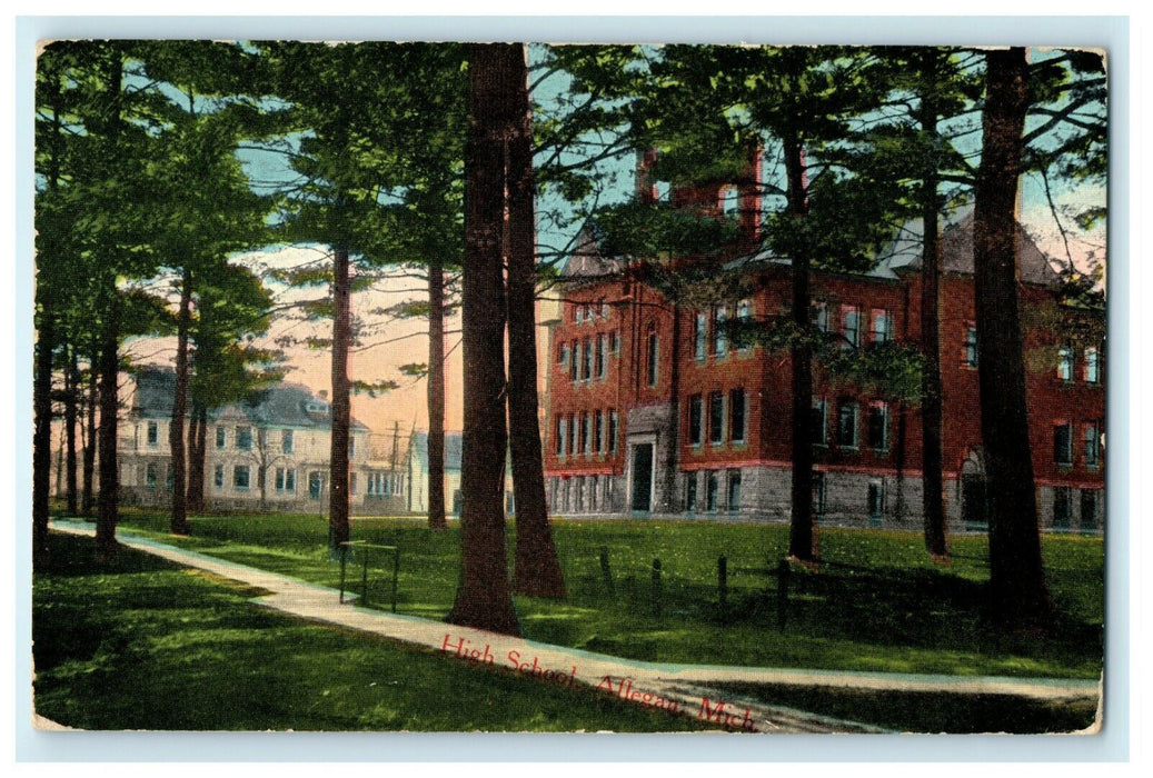 1914 Trees and High School Building View in Allegan Michigan MI Postcard