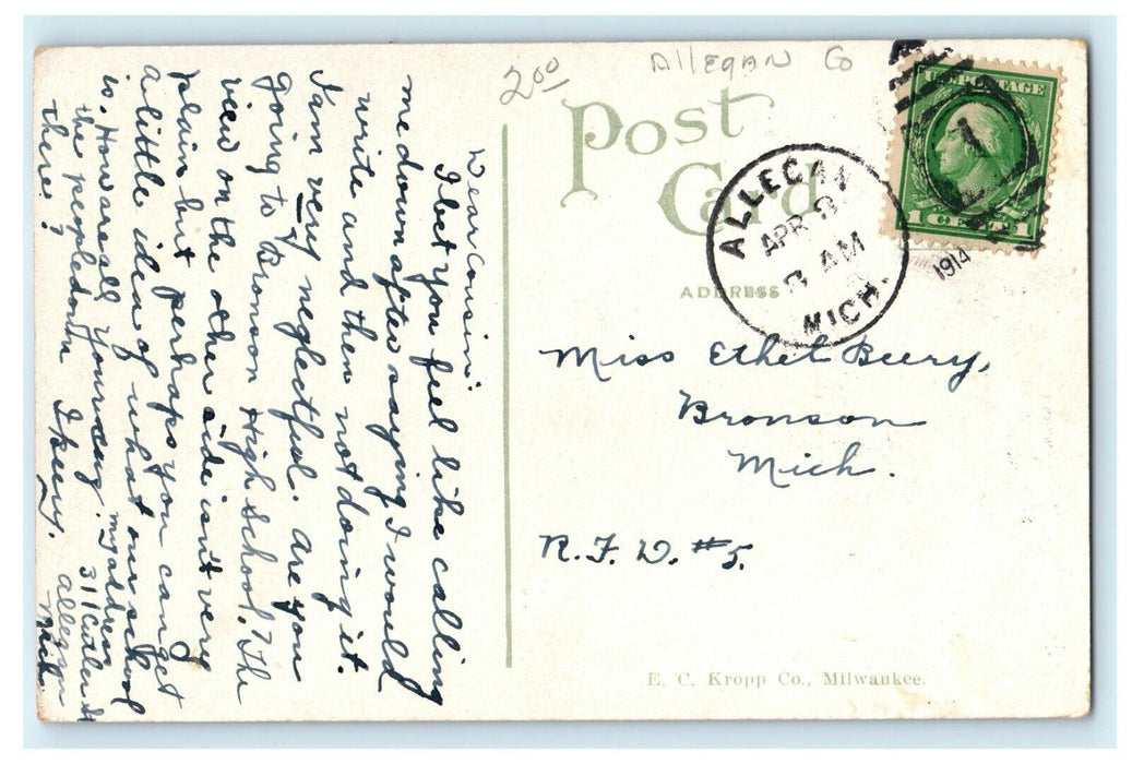 1914 Trees and High School Building View in Allegan Michigan MI Postcard