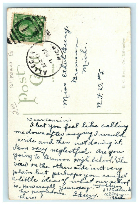 1914 Trees and High School Building View in Allegan Michigan MI Postcard