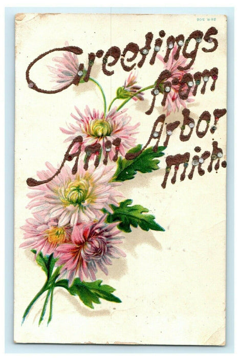 Greetings from Ann Arbor Michigan Embossed Glitter Painted Antique Postcard