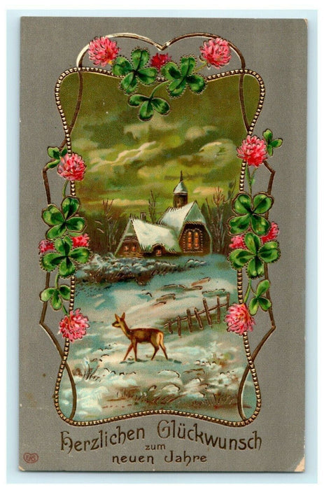 Christmas Deer Embossed Gold Wayne Nebraska Roses Vintage Antique Postcard