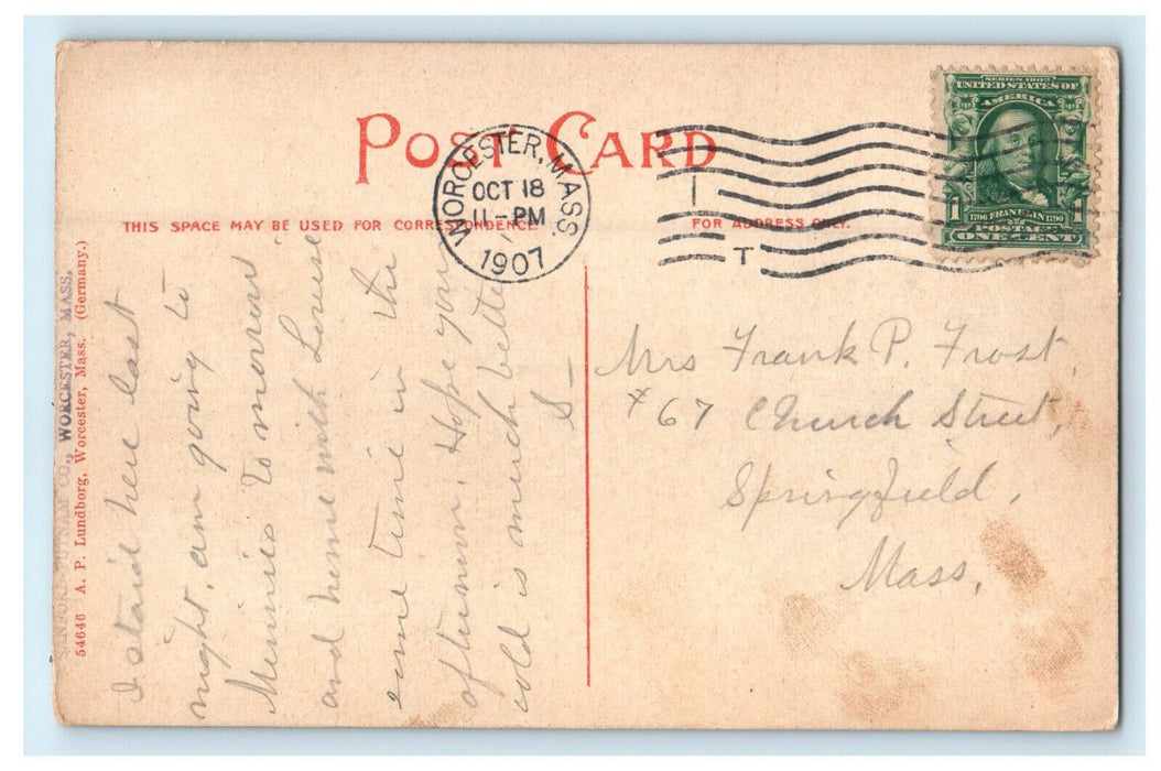1907 Worcester County, Worcester Massachusetts MA Posted Antique Postcard