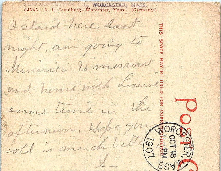 1907 Worcester County, Worcester Massachusetts MA Posted Antique Postcard