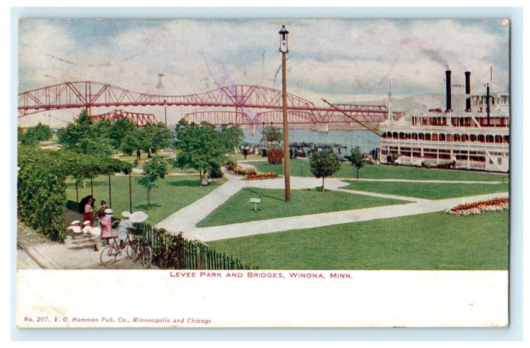 Levee Park Bridges 1908 Winona Minnesota Fremont Nebraska Antique Postcard