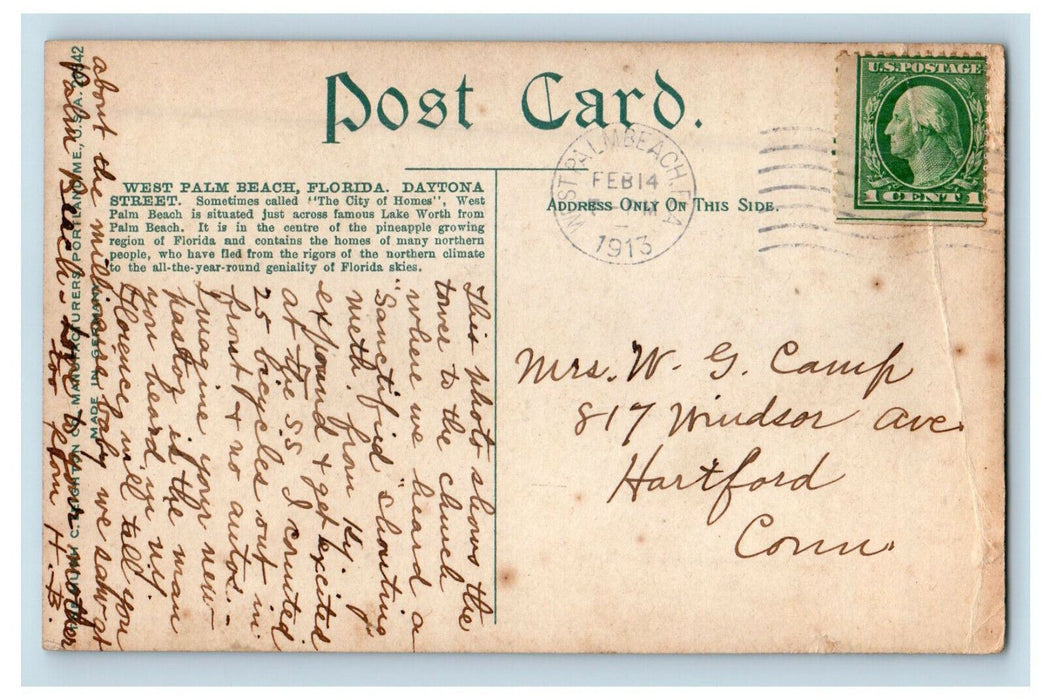 1913 Daytona Street, Palm Beach Florida FL Antique Posted Postcard