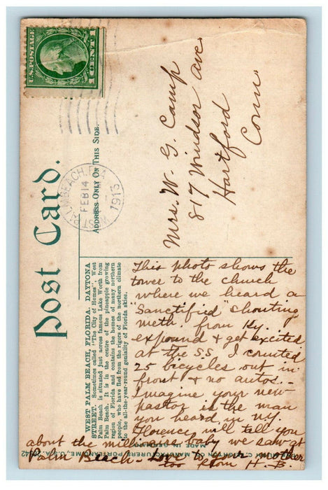 1913 Daytona Street, Palm Beach Florida FL Antique Posted Postcard