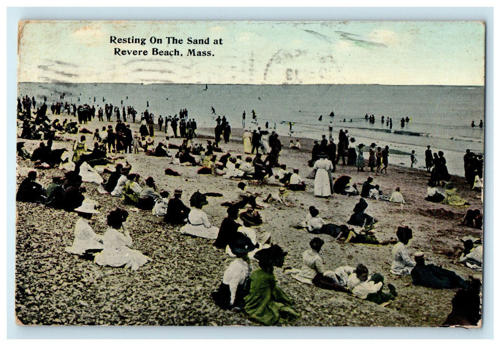 1908 Crowd Resting on the Sand, Revere Beach, Massachusetts MA Antique Postcard