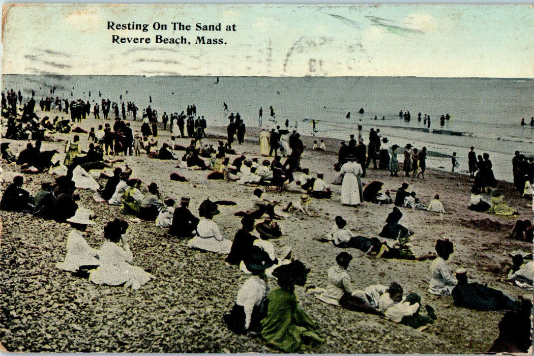 1908 Crowd Resting on the Sand, Revere Beach, Massachusetts MA Antique Postcard