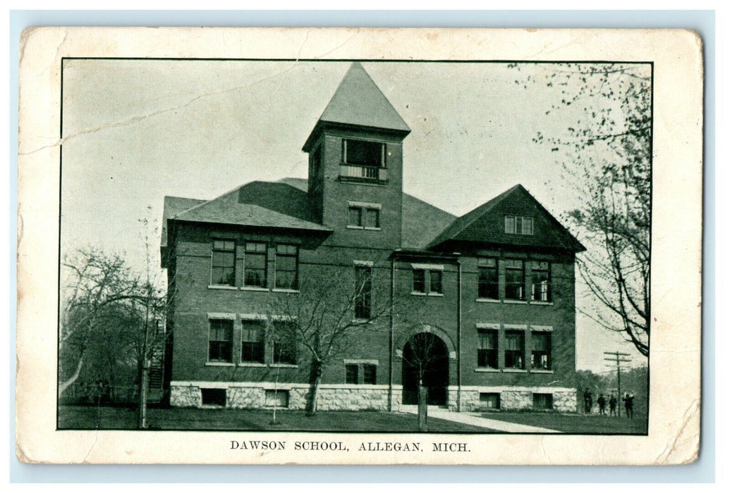 1911 Four People Scene, Dawson School Allegan Michigan MI Antique Postcard