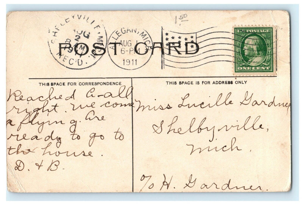 1911 Four People Scene, Dawson School Allegan Michigan MI Antique Postcard