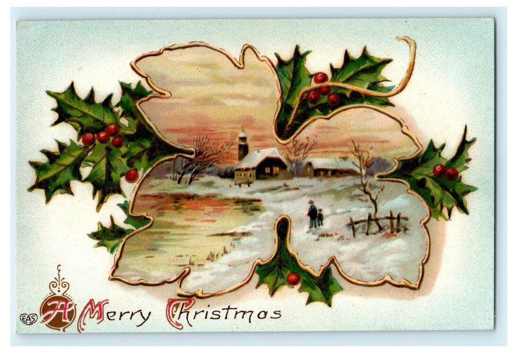 Christmas EAS Gloss Church Holly 1913 Leaf Painting Vintage Antique Postcard