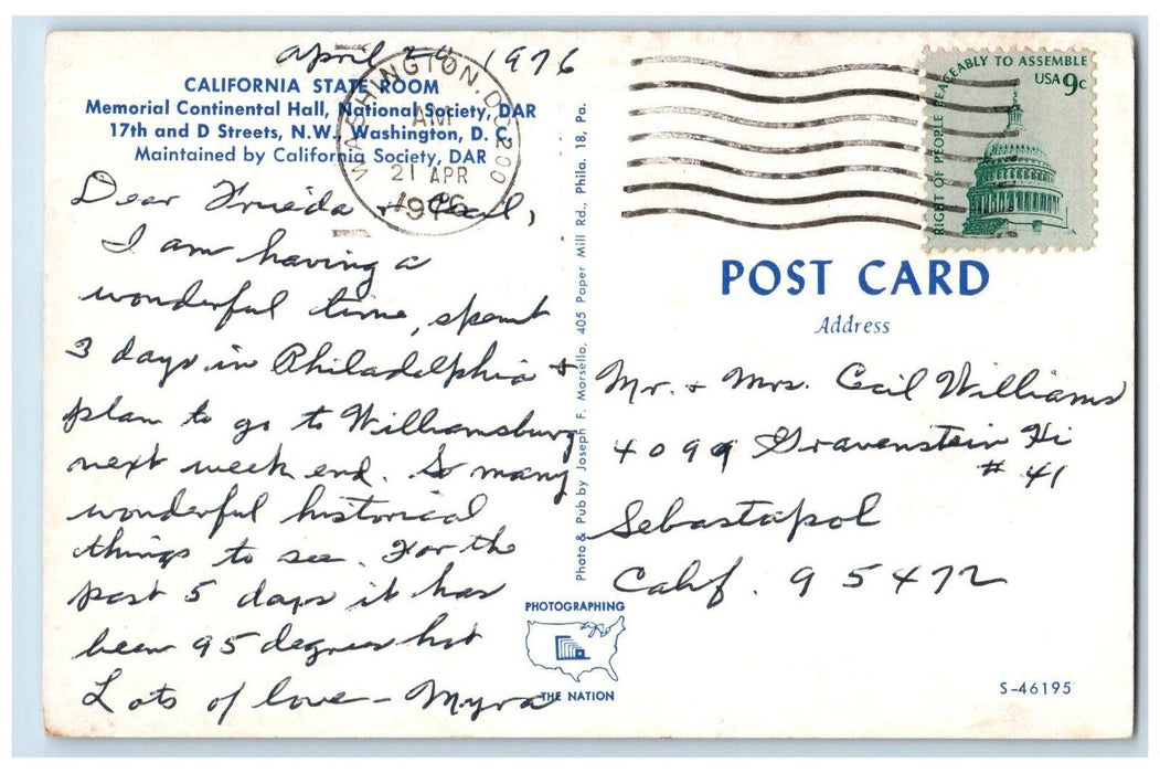 1976 California State Room Memorial Continental Hall NW Washington DC Postcard