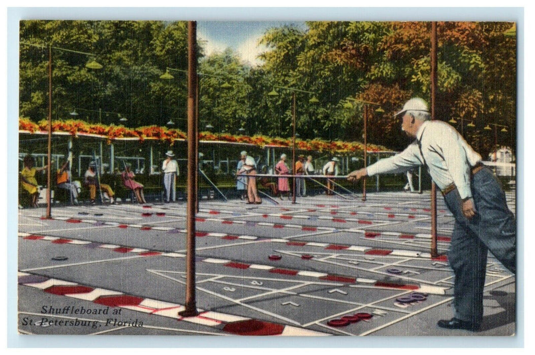 c1940's Old Man Playing Shuffleboard At St. Petersburg Florida FL Postcard