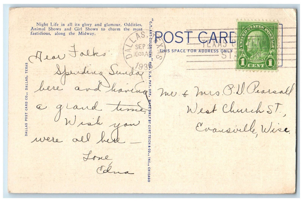 1936 Night at Midway, Amusement Center, Texas Centennial Expo Dallas TX Postcard