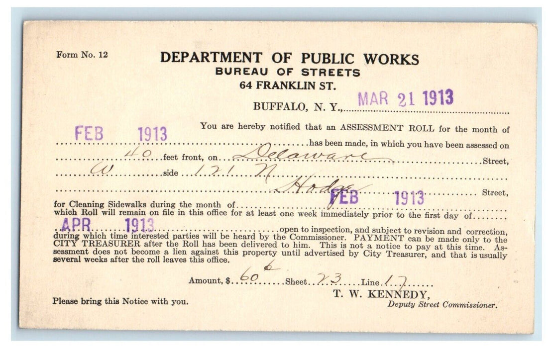 1913 Department Of Public Works Sidewalk Cleaning Bill Buffalo NY Postcard