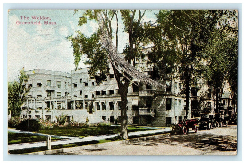 1911 The Weldon Street View Cars Greenfield Massachusetts MA Antique Postcard