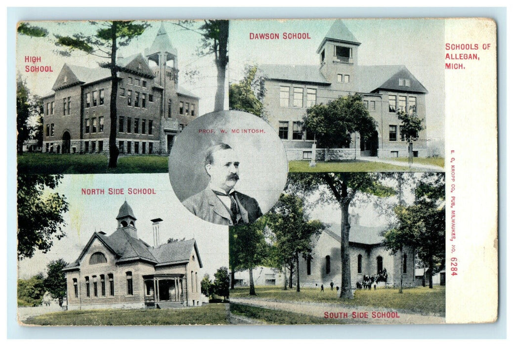 1909 Four Schools and Prof W. McIntosh Allegan Michigan MI Postcard