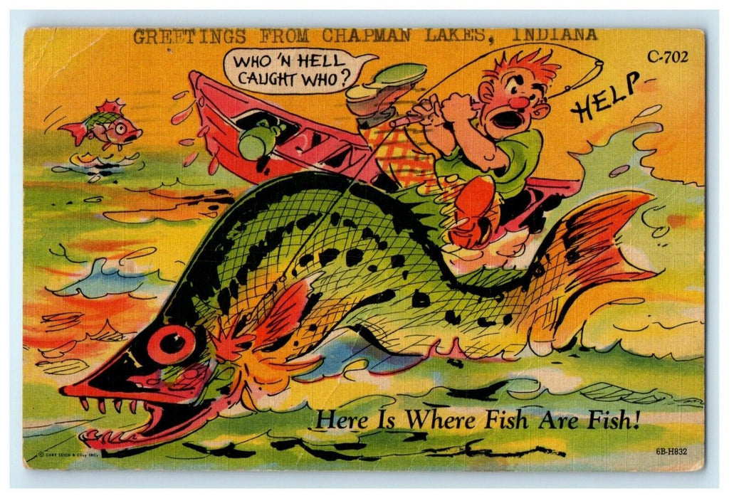 1953 Greetings From Chapman Lakes Indiana IN, Boy Catch Big Fish Postcard