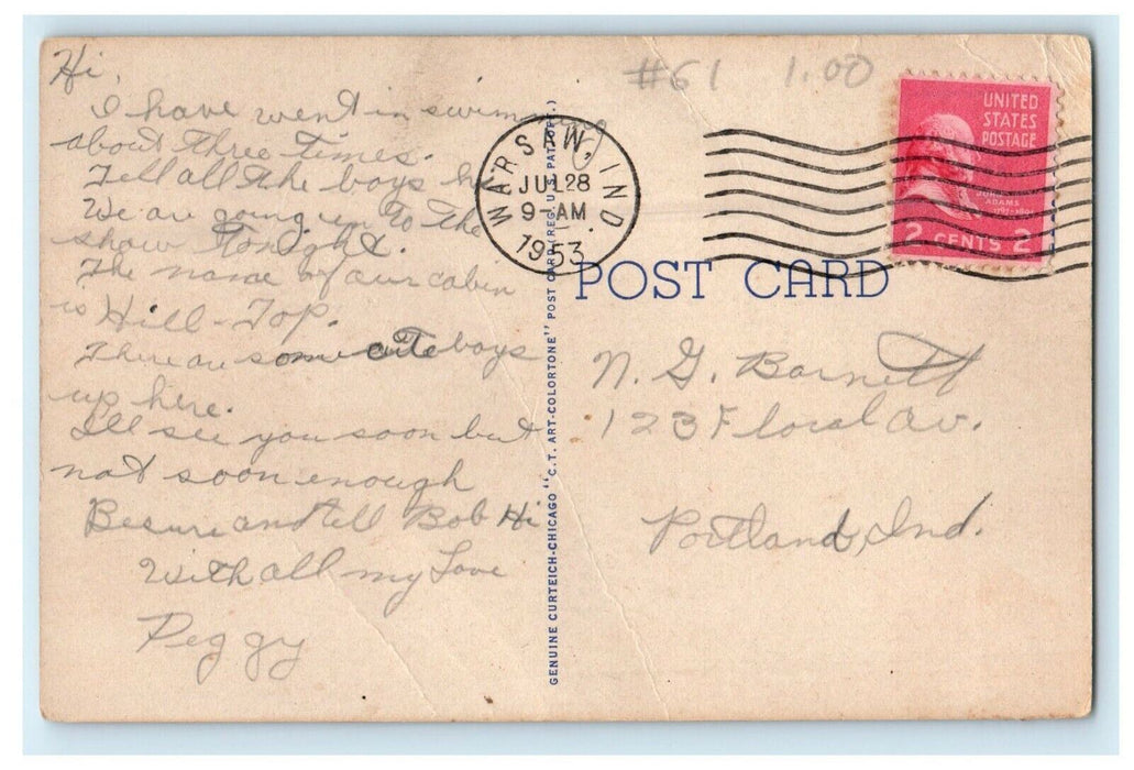1953 Greetings From Chapman Lakes Indiana IN, Boy Catch Big Fish Postcard