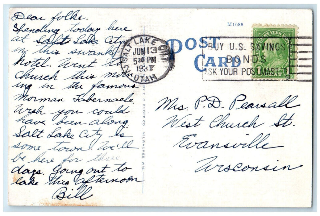 c1930's Monument, Hotel Utah Salt Lake City Utah UT Vintage Posted Postcard